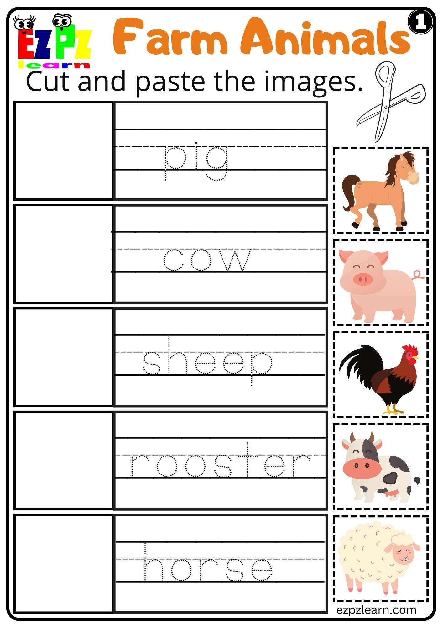 Farm Animals Cut and Paste Worksheet for Kidergarten or ESL Students 